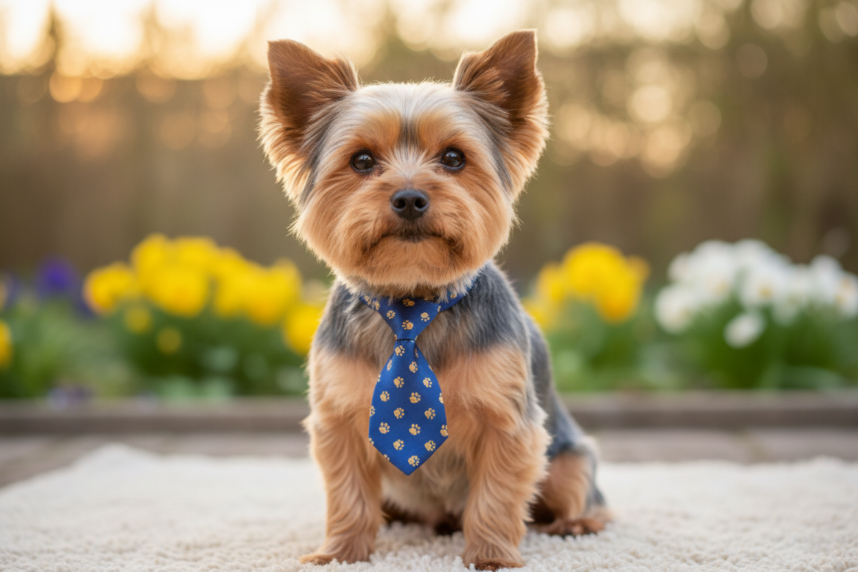 Bandit-style Yorkie in necktie